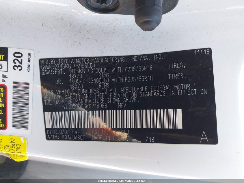 2019 Toyota Sienna VIN 5TDDZ3DC6KS218988 IAAI salvage auction — RIGHT FRONT, Salvage Title, sold $9,050 on 2026-07-21 (photo 9)