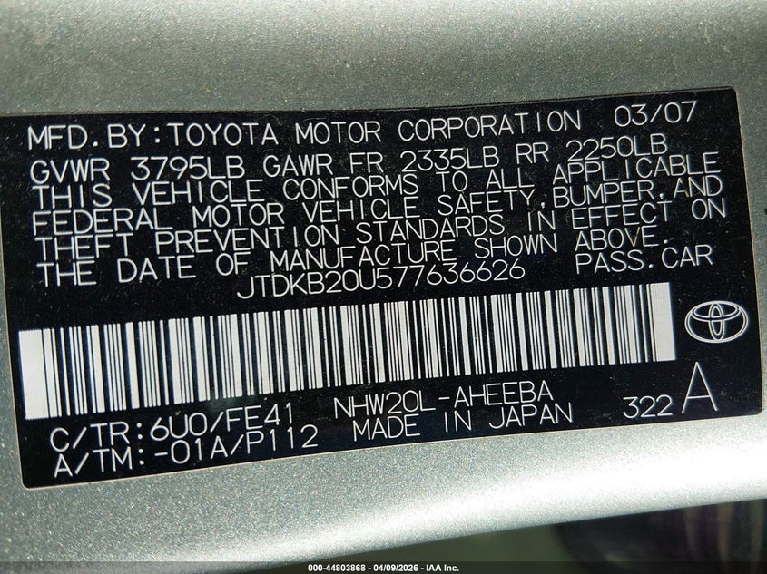 2007 Toyota Prius VIN JTDKB20U577636626 IAAI salvage auction — FRONT END, Salvage (Kansas), sold $400 on 2026-07-22 (photo 9)