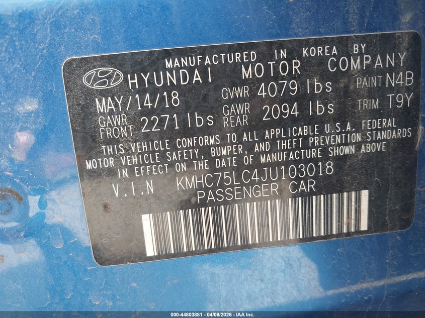 2018 Hyundai Ioniq VIN KMHC75LC4JU103018 IAAI salvage auction — FRONT END, Salvage (Minnesota), sold $775 on 2026-07-20 (photo 9)