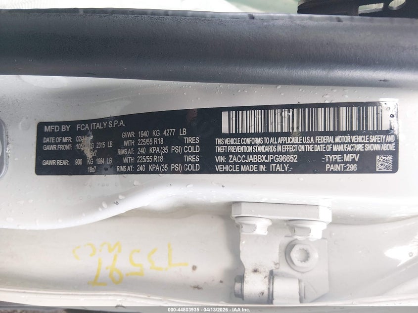 2018 Jeep Renegade VIN ZACCJABBXJPG96652 IAAI salvage auction — LEFT SIDE, Salvage Title, sold $1,200 on 2026-07-08 (photo 9)
