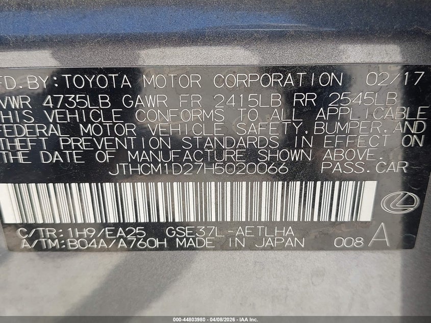 2017 Lexus Is VIN JTHCM1D27H5020066 IAAI salvage auction — FRONT END, Salvage Title, sold $5,200 on 2026-07-29 (photo 9)