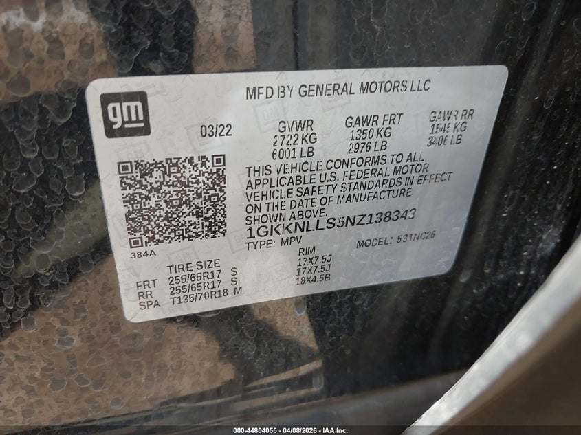 2022 Gmc Acadia VIN 1GKKNLLS5NZ138343 IAAI salvage auction — FRONT END, Wait Title, sold $6,400 on 2026-07-09 (photo 9)