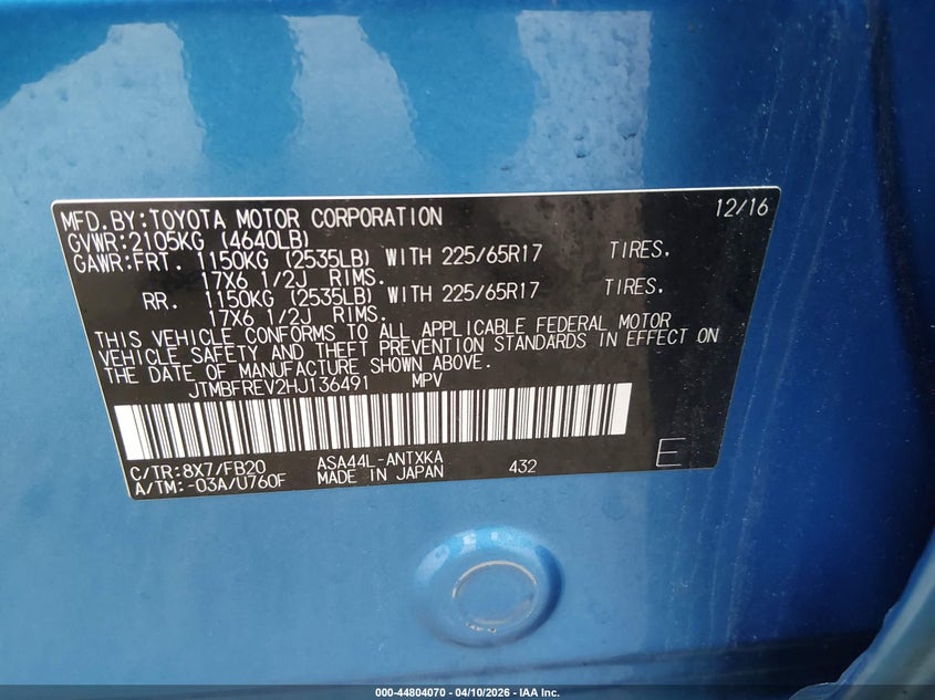2017 Toyota Rav 4 VIN JTMBFREV2HJ136491 IAAI salvage auction — REAR END, Salvage Title, sold $5,450 on 2026-07-16 (photo 9)