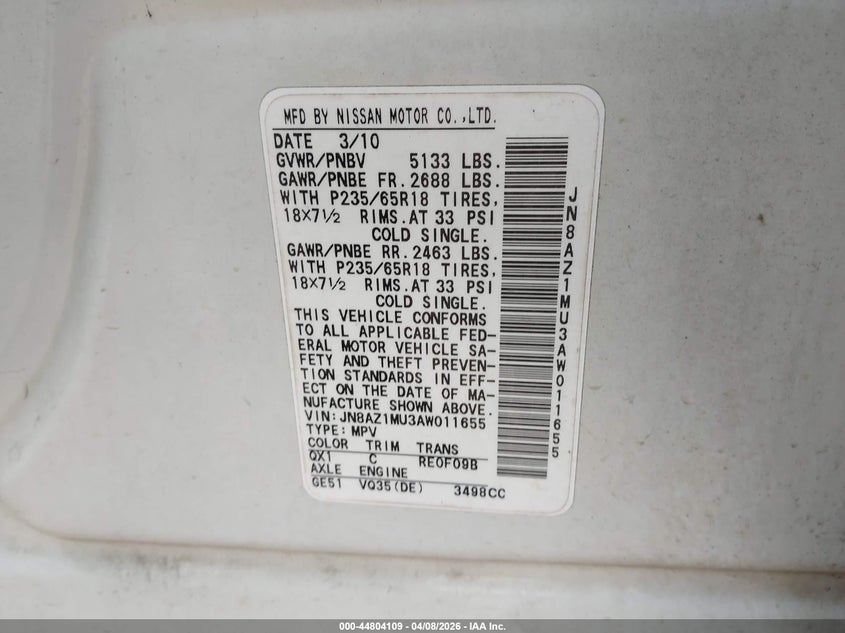 2010 Nissan Murano VIN JN8AZ1MU3AW011655 IAAI salvage auction — UNDERCARRIAGE, Salvage (Georgia), sold $250 on 2026-07-17 (photo 9)