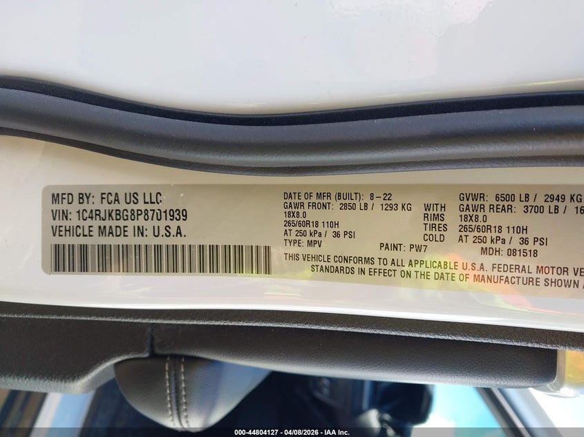 2023 Jeep Grand cherokee l VIN 1C4RJKBG8P8701939 IAAI salvage auction — FRONT END, Salvage (Massachusetts), sold $11,950 on 2026-07-10 (photo 9)