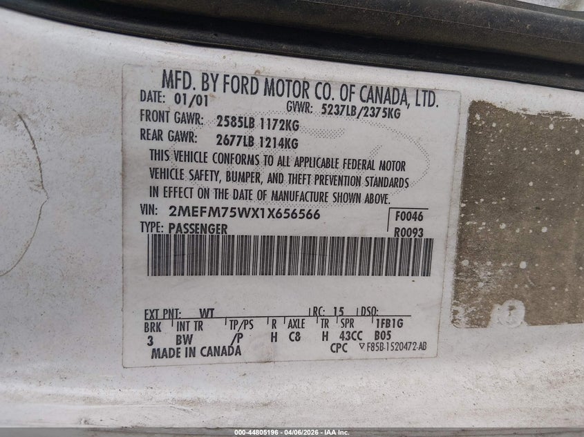 2001 Mercury Grand marquis VIN 2MEFM75WX1X656566 IAAI salvage auction — FRONT END, Salvage (Mississippi), sold $250 on 2026-07-29 (photo 9)