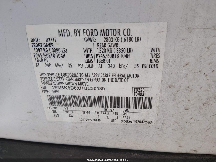 2017 Ford Explorer VIN 1FM5K8D8XHGC30139 IAAI salvage auction — FRONT & REAR, Salvage Title, sold $1,550 on 2026-07-09 (photo 9)