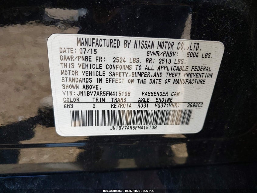 2015 Infiniti Q50 VIN JN1BV7AR5FM415108 IAAI salvage auction — FRONT END, Wait Title, sold $1,000 on 2026-07-15 (photo 9)