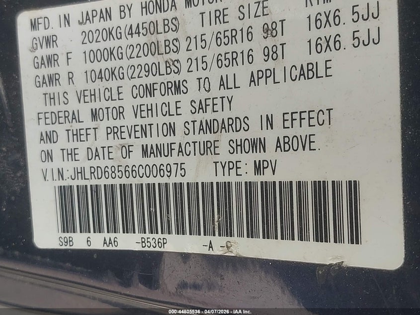 2006 Honda Cr-v VIN JHLRD68566C006975 IAAI salvage auction — FRONT END, Original (Texas), sold $850 on 2026-07-14 (photo 9)