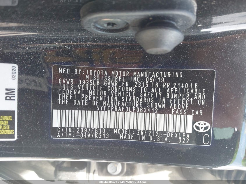 2020 Toyota Corolla VIN 5YFEPRAE3LP063412 IAAI salvage auction — FRONT END, Original (Texas), sold $5,500 on 2026-07-07 (photo 9)