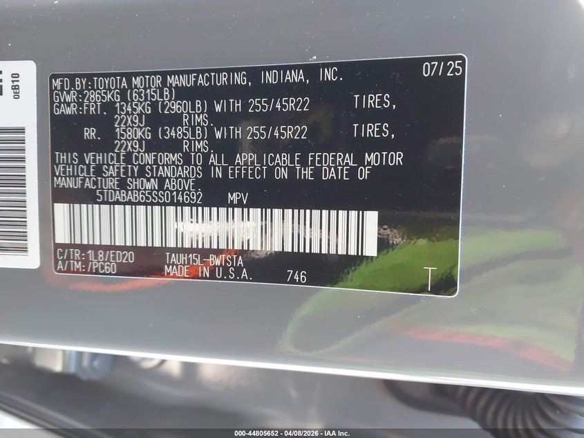 2025 Lexus Tx VIN 5TDABAB65SS014692 IAAI salvage auction — REAR END, Salvage Title, sold $44,450 on 2026-07-13 (photo 9)