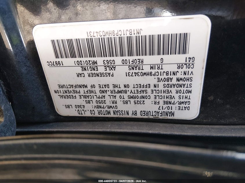 2017 Nissan Rogue sport VIN JN1BJ1CP9HW034731 IAAI salvage auction — REAR END, Wait Title, sold $2,250 on 2026-08-02 (photo 9)