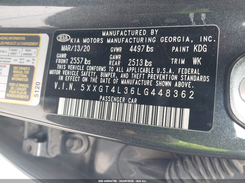 2020 Kia Optima VIN 5XXGT4L36LG448362 IAAI salvage auction — FRONT END, Salvage Title, sold $1,900 on 2026-07-24 (photo 9)