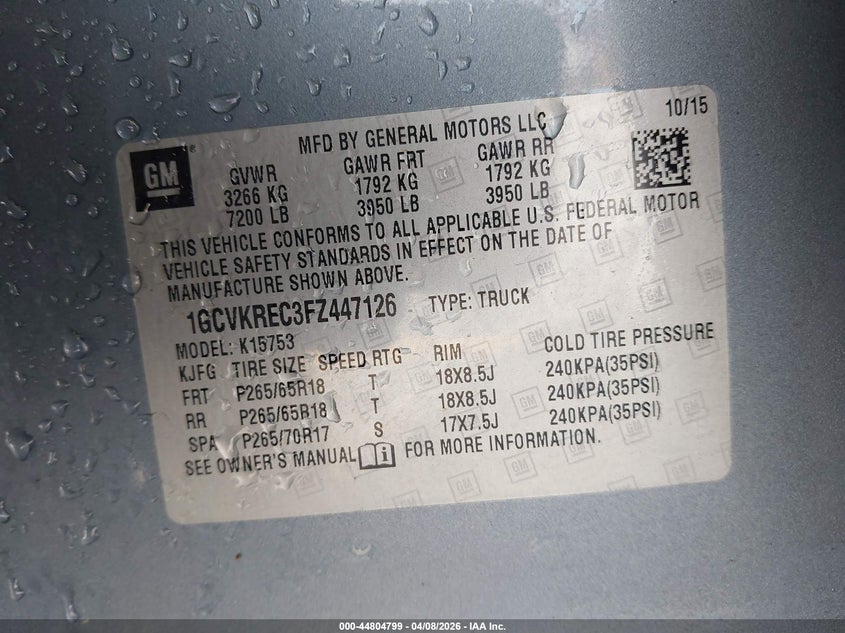 2015 Chevrolet Silverado VIN 1GCVKREC3FZ447126 IAAI salvage auction — LEFT REAR, Original (Texas), sold $25 on 2026-07-02 (photo 9)