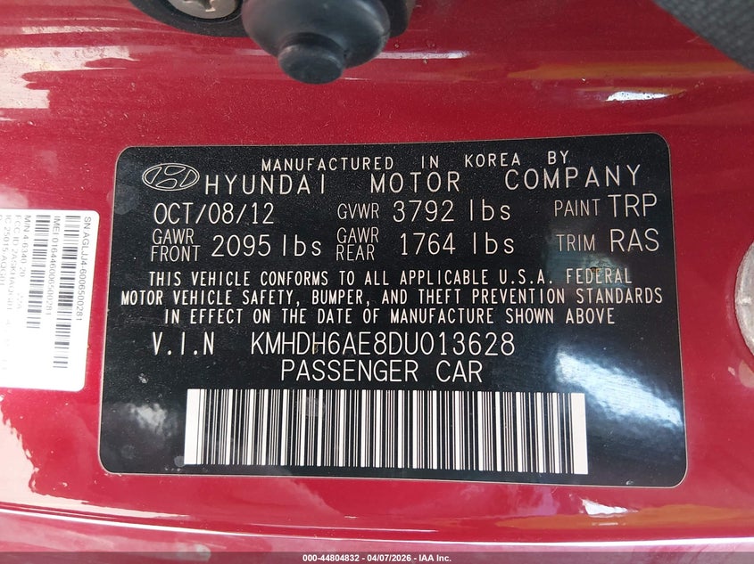 2013 Hyundai Elantra VIN KMHDH6AE8DU013628 IAAI salvage auction — FRONT END, Salvage Title, sold $400 on 2026-07-16 (photo 9)