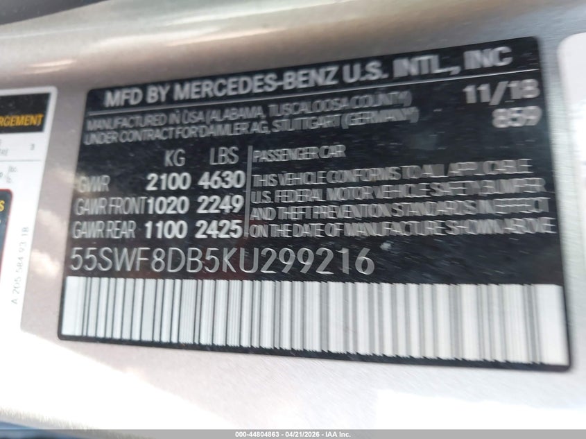 2019 Mercedes-benz C-klasse VIN 55SWF8DB5KU299216 IAAI salvage auction — LEFT SIDE, Salvage Title, sold $8,650 on 2026-08-13 (photo 9)