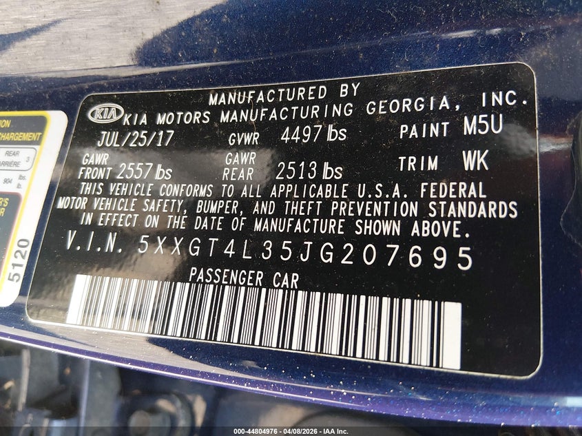 2018 Kia Optima VIN 5XXGT4L35JG207695 IAAI salvage auction — FRONT END, Salvage Title, sold $1,750 on 2026-07-21 (photo 9)