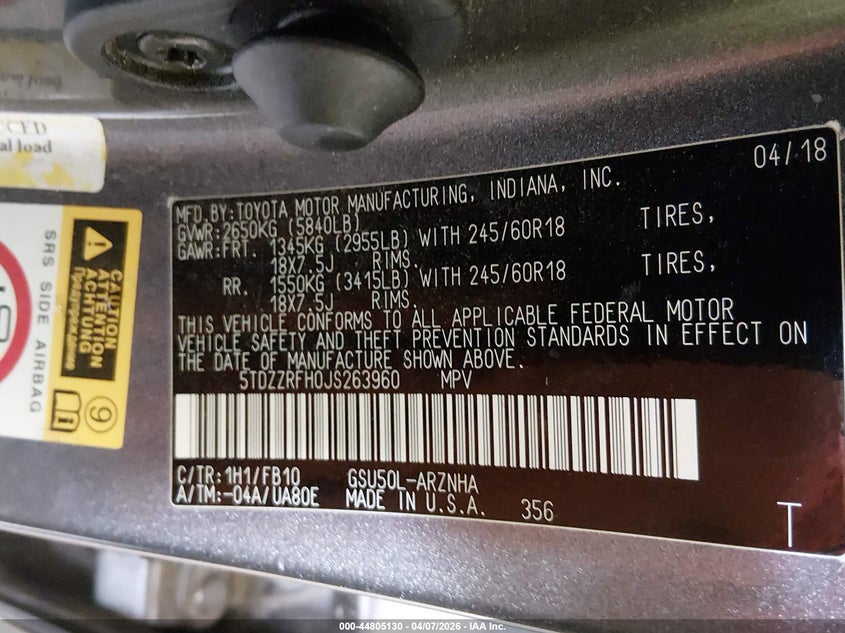 2018 Toyota Highlander VIN 5TDZZRFH0JS263960 IAAI salvage auction — REAR END, Wait Title, sold $5,400 on 2026-07-27 (photo 9)