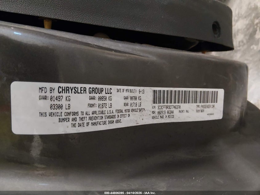 2013 Fiat 500 VIN 3C3CFFBR3DT746370 IAAI salvage auction — ROLLOVER, Salvage Title, sold $575 on 2026-07-09 (photo 9)