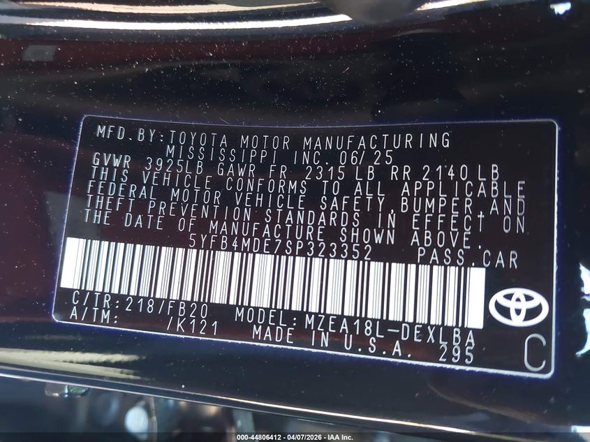 2025 Toyota Corolla VIN 5YFB4MDE7SP323352 IAAI salvage auction — LEFT FRONT, Salvage (Alabama), sold $3,950 on 2026-07-15 (photo 8)