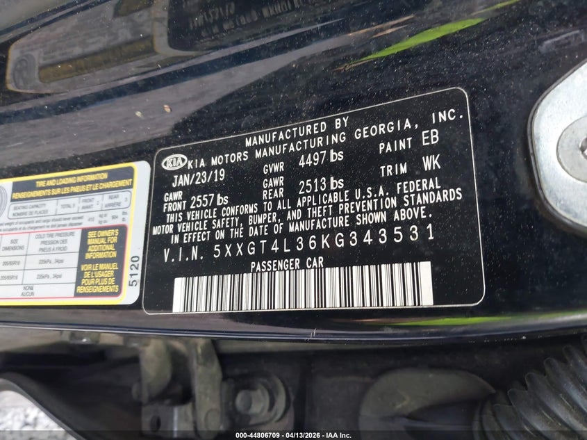2019 Kia Optima VIN 5XXGT4L36KG343531 IAAI salvage auction — FRONT END, Salvage (South Carolina), sold $800 on 2026-07-14 (photo 9)
