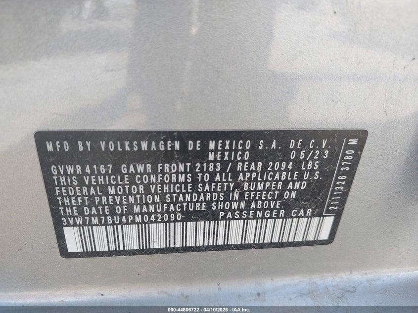2023 Volkswagen Jetta VIN 3VW7M7BU4PM042090 IAAI salvage auction — FRONT END, Salvage Title, sold $3,850 on 2026-08-11 (photo 9)