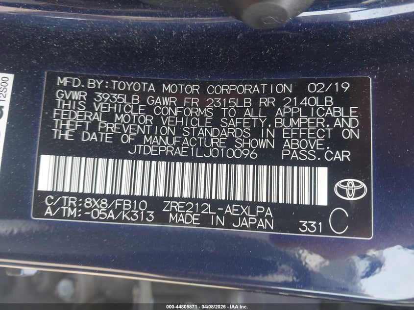 2020 Toyota Corolla VIN JTDEPRAE1LJ010096 IAAI salvage auction — REAR END, Salvage Title, sold $25 on 2026-07-22 (photo 9)