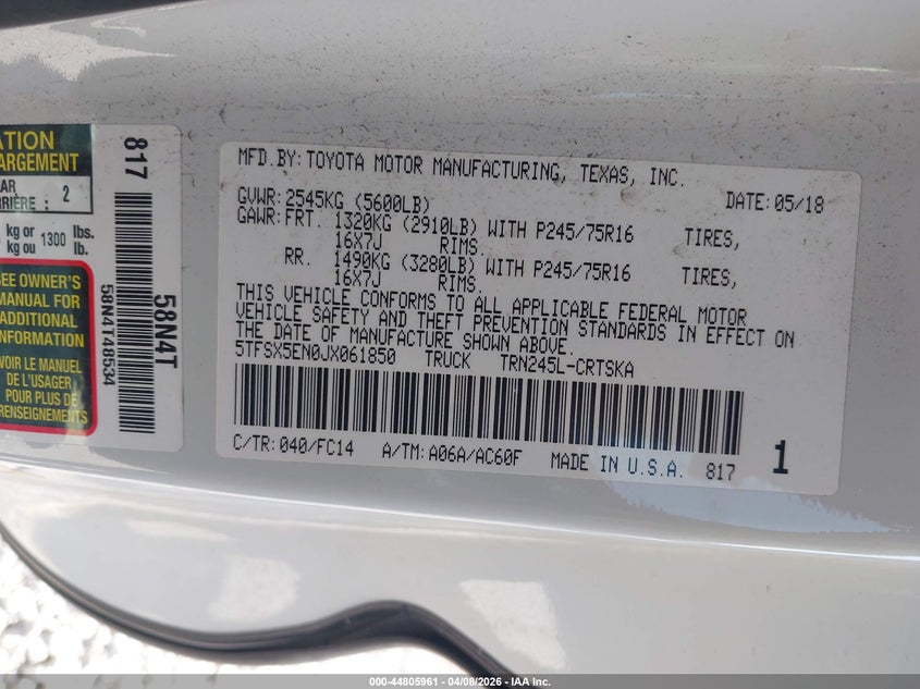 2018 Toyota Tacoma VIN 5TFSX5EN0JX061850 IAAI salvage auction — FRONT END, Salvage Title, sold $6,150 on 2026-07-22 (photo 9)