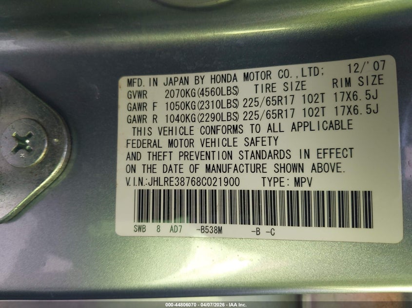 2008 Honda Cr-v VIN JHLRE38768C021900 IAAI salvage auction — FRONT END, Salvage (Idaho), sold $725 on 2026-07-29 (photo 9)