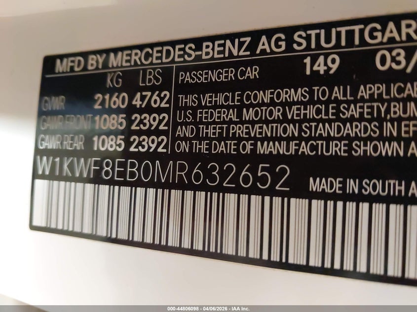2021 Mercedes-benz C-klasse VIN W1KWF8EB0MR632652 IAAI salvage auction — REAR END, Salvage Title, sold $9,400 on 2026-08-05 (photo 9)