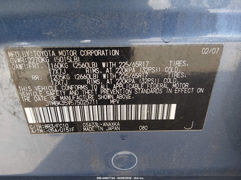 2007 Toyota Rav 4 VIN JTMBK35V575025711 IAAI salvage auction — FRONT END, Salvage (North Carolina), sold $600 on 2026-08-02 (photo 9)