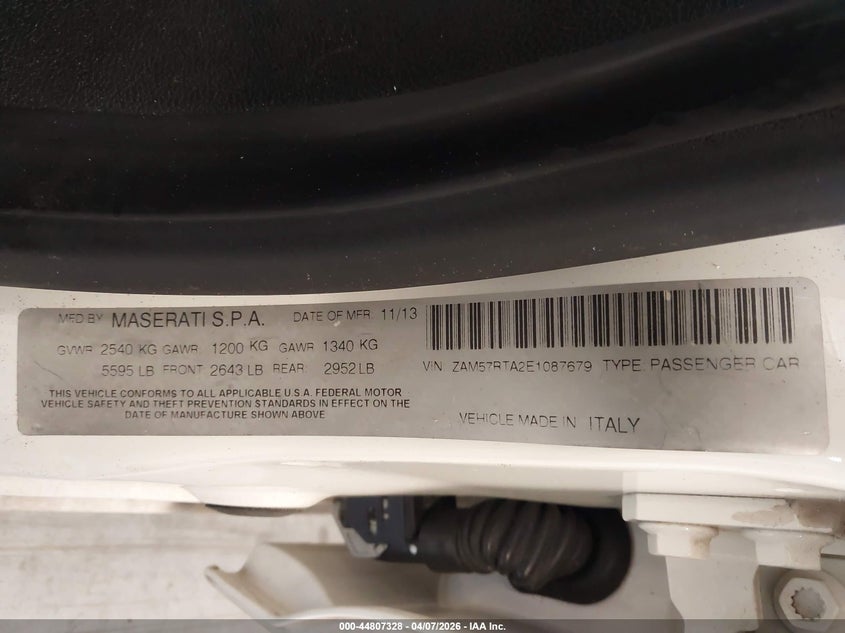 2014 Maserati Ghibli VIN ZAM57RTA2E1087679 IAAI salvage auction — FRONT & REAR, Salvage Title, sold $975 on 2026-07-30 (photo 9)