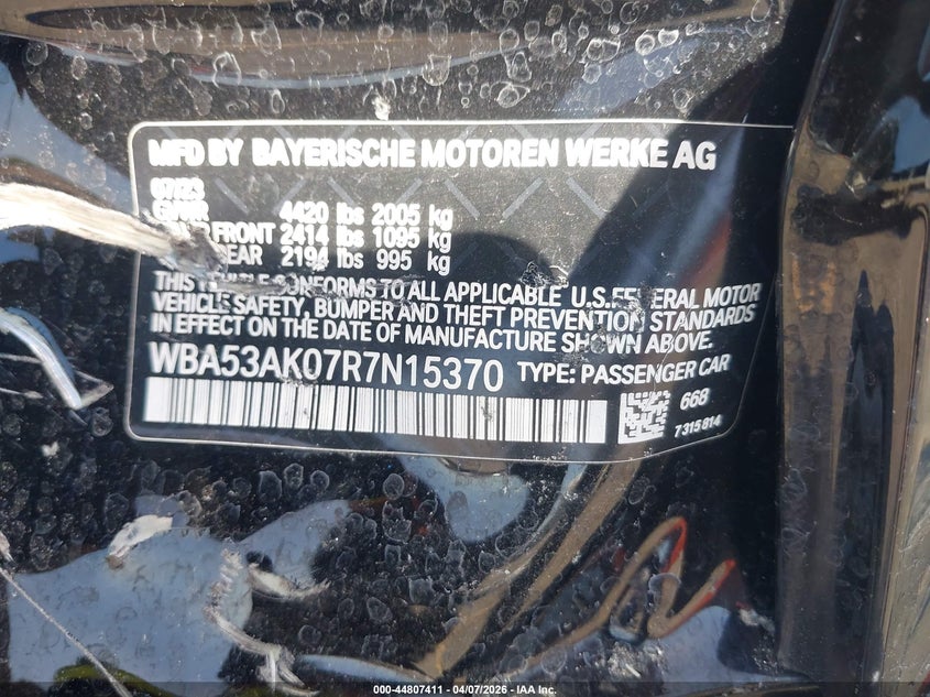 2024 BMW 2er VIN WBA53AK07R7N15370 IAAI salvage auction — LEFT SIDE, Salvage Title, sold $25 on 2026-07-29 (photo 9)