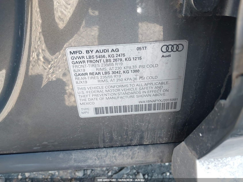 2018 Audi Q5 VIN WA1BNAFYXJ2015991 IAAI salvage auction — WATER/FLOOD, Mv-907A (New York), sold $7,150 on 2026-07-07 (photo 9)
