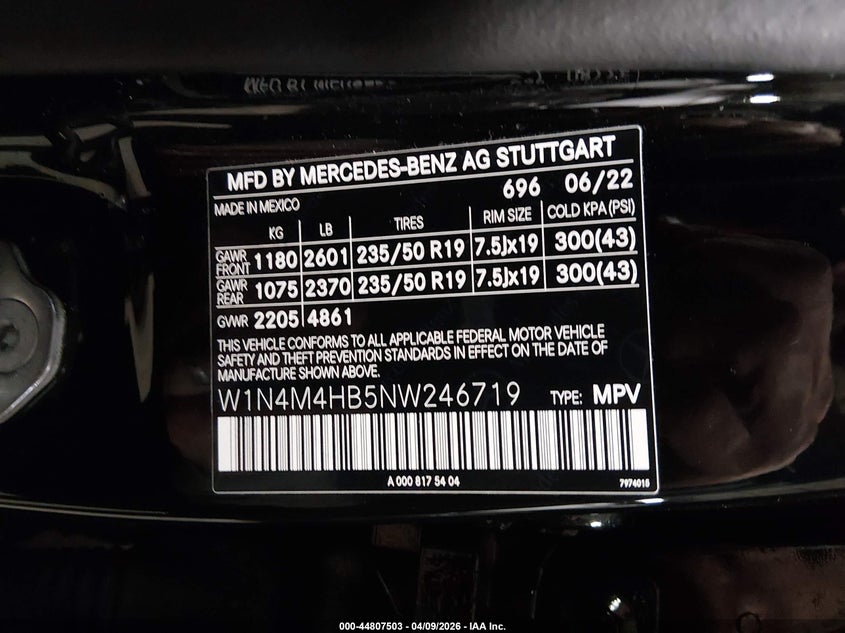 2022 Mercedes-benz Glb VIN W1N4M4HB5NW246719 IAAI salvage auction — RIGHT FRONT, Salvage Title, sold $7,800 on 2026-07-11 (photo 9)