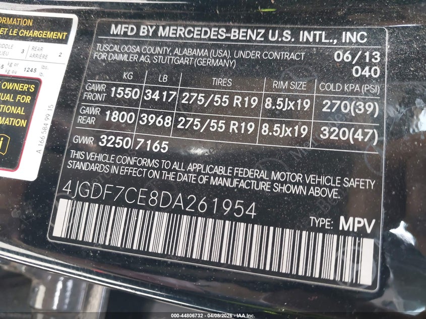2013 Mercedes-benz Gl-klasse VIN 4JGDF7CE8DA261954 IAAI salvage auction — FRONT END, Salvage Title, sold $2,100 on 2026-07-18 (photo 9)