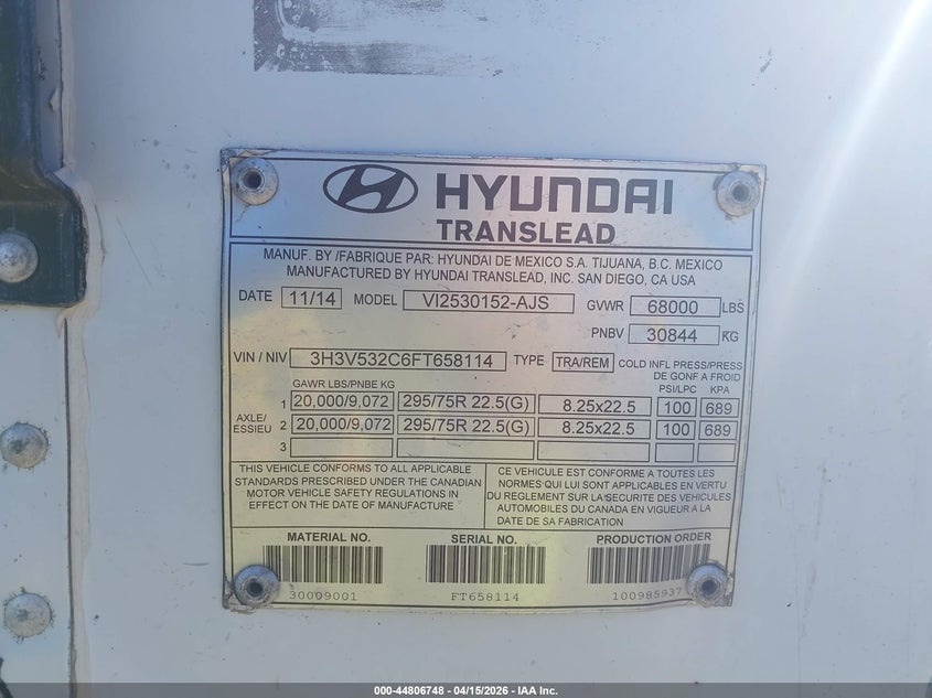 2015 Hyundai translead inc Unknown VIN 3H3V532C6FT658114 IAAI salvage auction — SIDE, Wait Title, sold $25 on 2026-09-23 (photo 9)