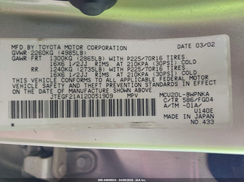 2002 Toyota Highlander VIN JTEGF21A120051909 IAAI salvage auction — ALL OVER, Original (Texas), sold $775 on 2026-07-15 (photo 9)