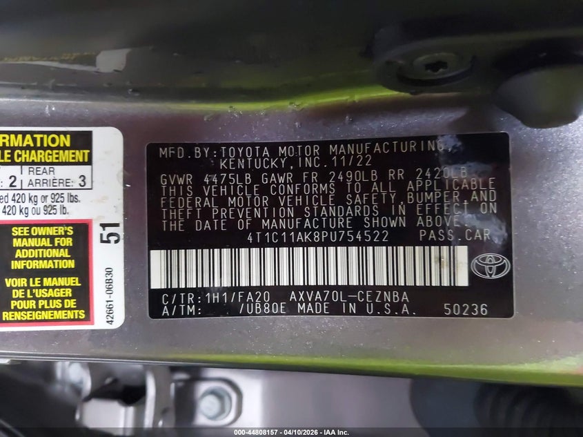 2023 Toyota Camry VIN 4T1C11AK8PU754522 IAAI salvage auction — FRONT END, Original (Texas), sold $9,550 on 2026-07-10 (photo 9)