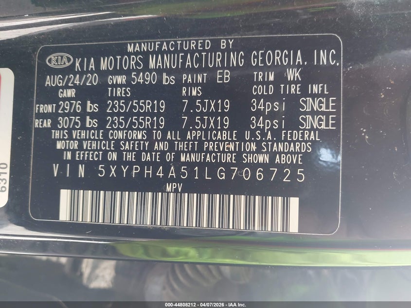 2020 Kia Sorento VIN 5XYPH4A51LG706725 IAAI salvage auction — ROLLOVER, Salvage Title, sold $625 on 2026-07-30 (photo 9)
