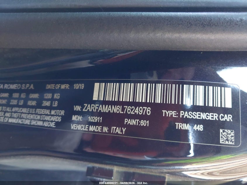 2020 Alfa romeo Giulia VIN ZARFAMAN6L7624976 IAAI salvage auction — ROLLOVER, Salvage Title, sold $300 on 2026-07-14 (photo 9)