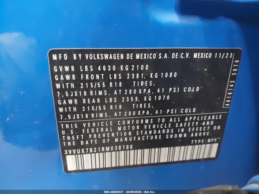 2024 Volkswagen Taos VIN 3VVUX7B21RM038188 IAAI salvage auction — ROLLOVER, Salvage (Minnesota), sold $3,550 on 2026-07-21 (photo 9)