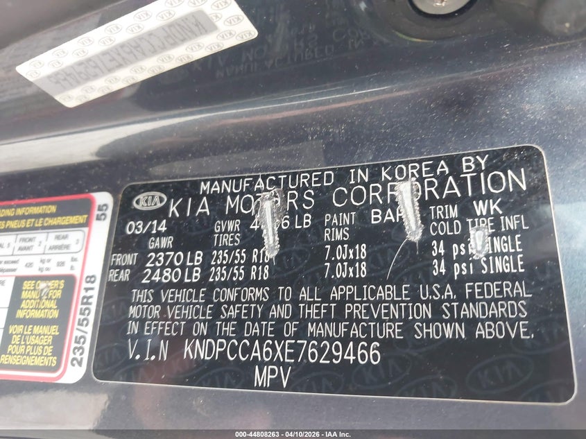 2014 Kia Sportage VIN KNDPCCA6XE7629466 IAAI salvage auction — FRONT END, Salvage Title, sold $475 on 2026-07-23 (photo 9)