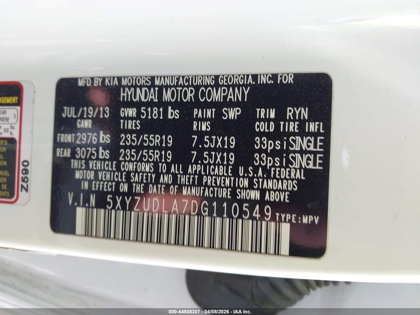 2013 Hyundai Santa fe VIN 5XYZUDLA7DG110549 IAAI salvage auction — FRONT END, Salvage Title, sold $1,000 on 2026-07-30 (photo 9)