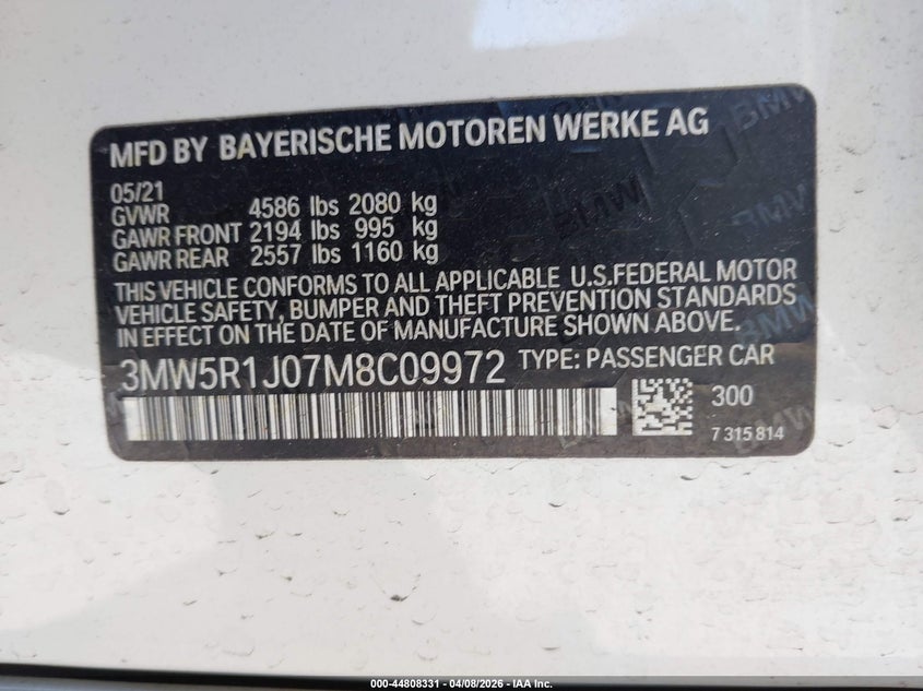 2021 BMW 3er VIN 3MW5R1J07M8C09972 IAAI salvage auction — FRONT END, Salvage (Georgia), sold $11,550 on 2026-08-25 (photo 9)