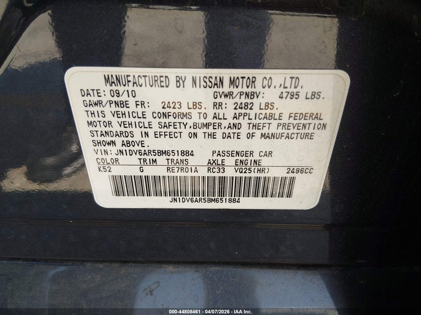 2011 Infiniti G25 VIN JN1DV6AR5BM651884 IAAI salvage auction — LEFT FRONT, Salvage (California), sold $100 on 2026-07-21 (photo 9)