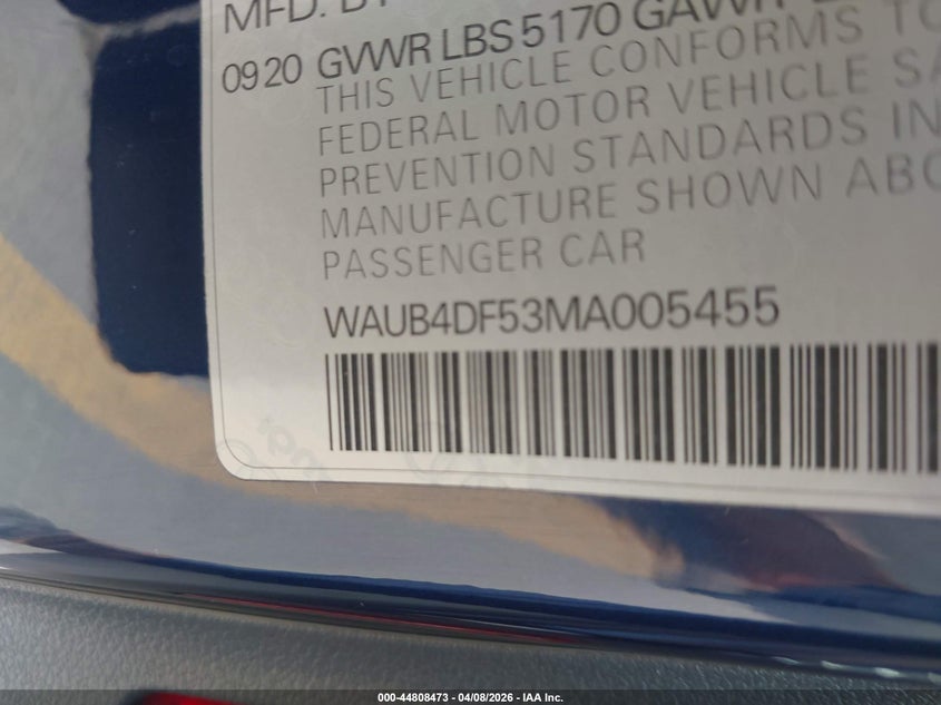 2021 Audi S5 VIN WAUB4DF53MA005455 IAAI salvage auction — RIGHT FRONT, Salvage (California), sold $17,600 on 2026-07-29 (photo 9)