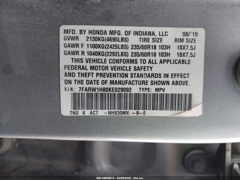 2019 Honda Cr-v VIN 7FARW1H80KE029092 IAAI salvage auction — FRONT END, Salvage Title, sold $5,500 on 2026-07-21 (photo 9)