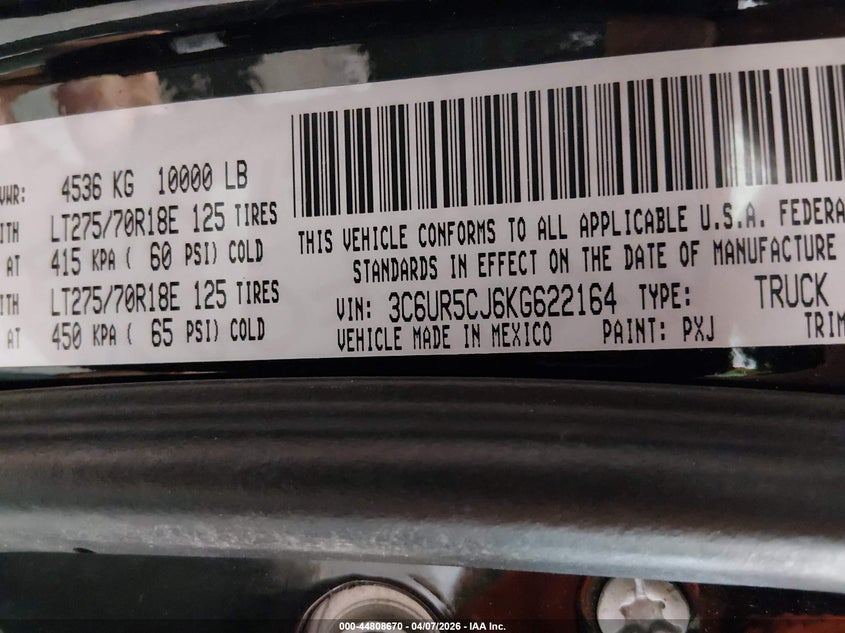 2019 Ram 2500 VIN 3C6UR5CJ6KG622164 IAAI salvage auction — BIO HAZARD, Salvage (Colorado), sold $3,325 on 2026-07-22 (photo 9)