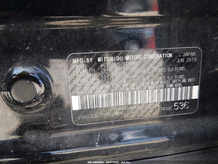 2020 Mitsubishi Eclipse cross VIN JA4AS4AAXLZ001714 IAAI salvage auction — FRONT END, Salvage Title, sold $2,200 on 2026-07-13 (photo 9)